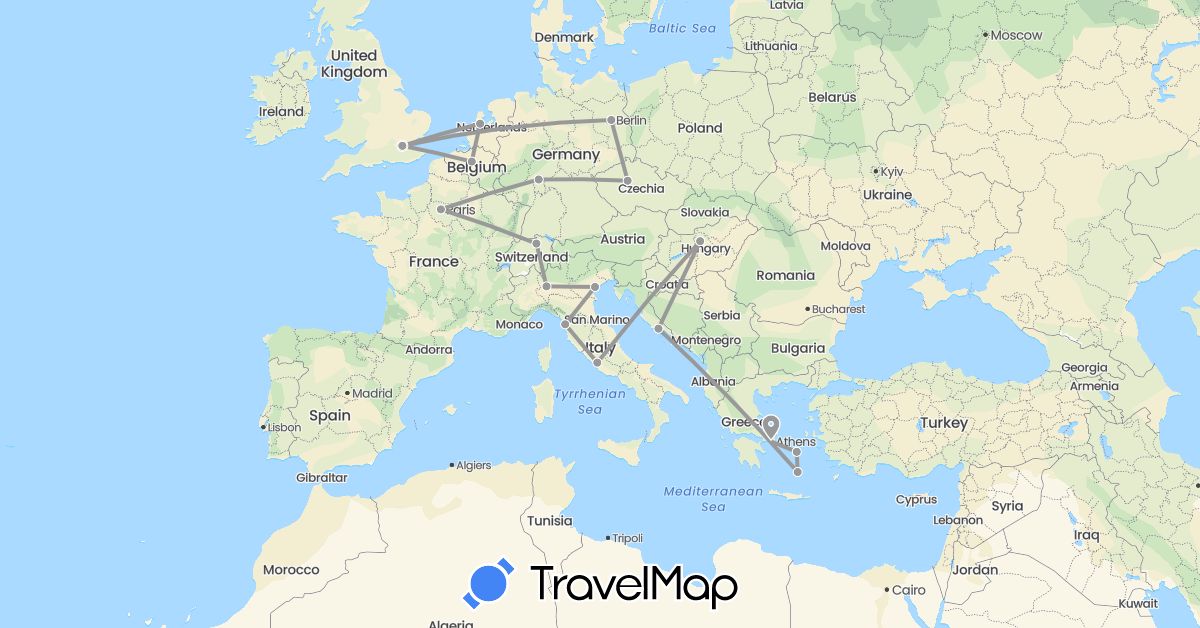 TravelMap itinerary: plane in Belgium, Switzerland, Czech Republic, Germany, France, United Kingdom, Greece, Croatia, Hungary, Italy, Netherlands (Europe)